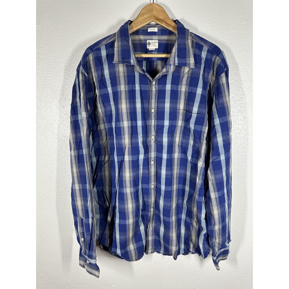J Crew Shirt Mens 2XL Blue Plaid Tailored Fit Long Sleeve Button Front Casual